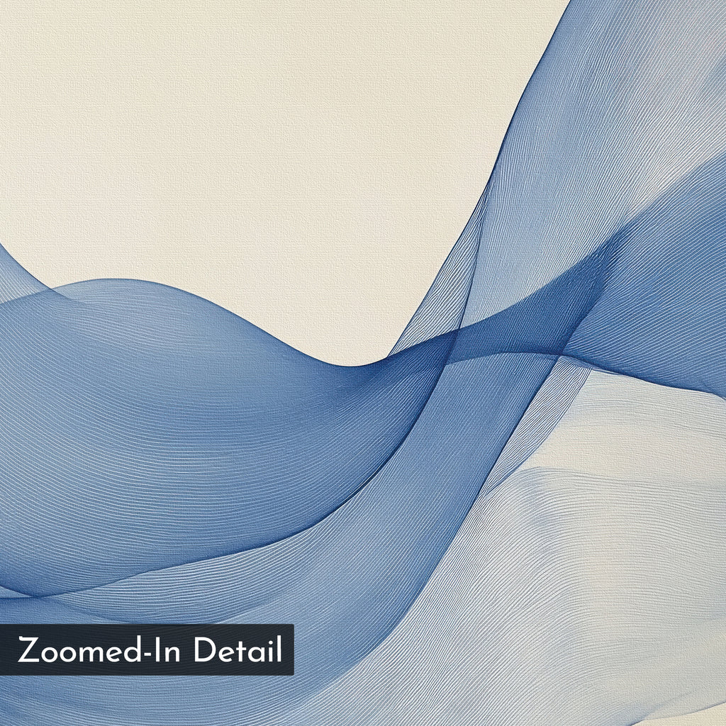 Blue, semi-transparent wavy lines flow diagonally over a light background, forming an abstract pattern. "Calm Swell Canvas Art" is perfect as large wall art or an abstract print for modern living room decor. A black box reads "Zoomed-In Detail.