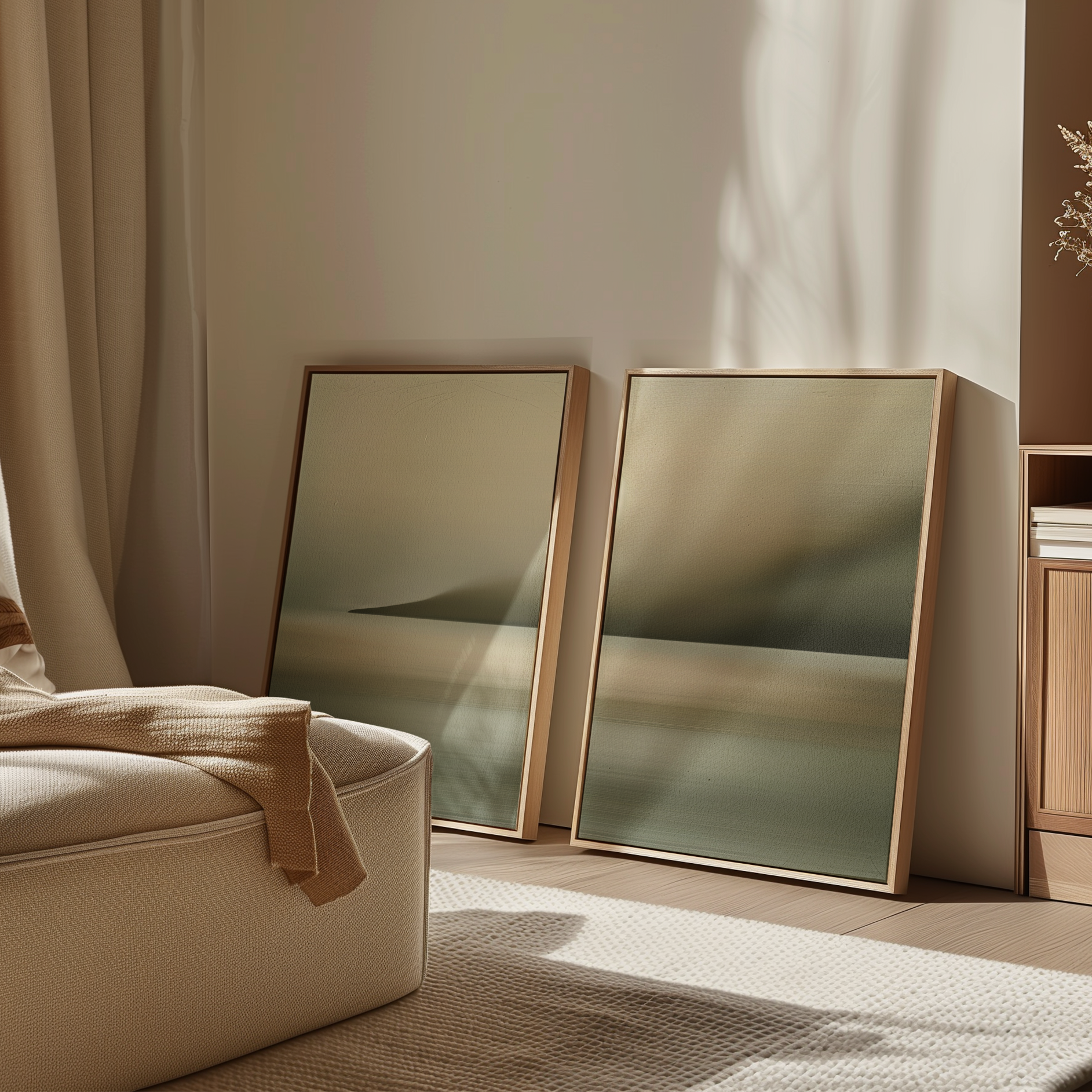 The Calm Waterscape Set of 2 features framed minimalist landscape prints in soft beige and green tones, adding elegant decor and a serene atmosphere to a cozy, sunlit living room.