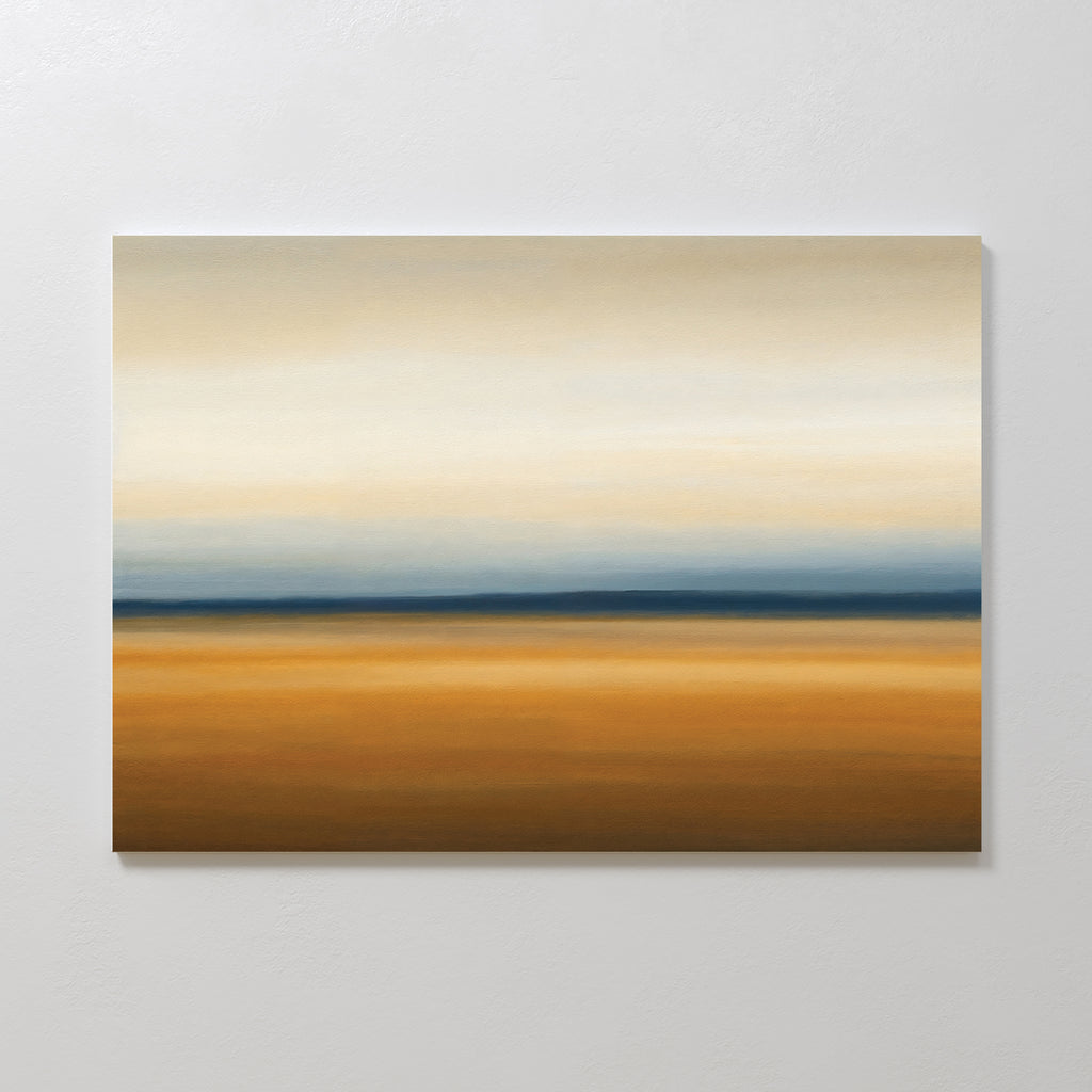 Caramel Plains Canvas Art – Horizontal features minimalist bands of warm golden brown blending into soft blue, beige, and off-white—perfect abstract wall art to evoke a serene horizon in modern bedroom decor.