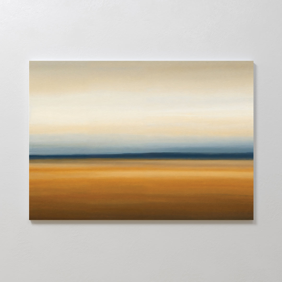 Caramel Plains Canvas Art – Horizontal features minimalist bands of warm golden brown blending into soft blue, beige, and off-white—perfect abstract wall art to evoke a serene horizon in modern bedroom decor.