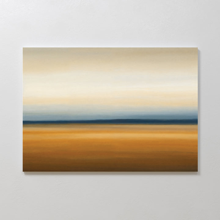 Caramel Plains Canvas Art – Horizontal features minimalist bands of warm golden brown blending into soft blue, beige, and off-white—perfect abstract wall art to evoke a serene horizon in modern bedroom decor.
