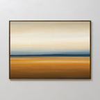 Caramel Plains Canvas Art – Horizontal features abstract bands of warm brown, gold, and deep blue blending into cream and beige, perfect minimalist wall art for modern bedroom decor.