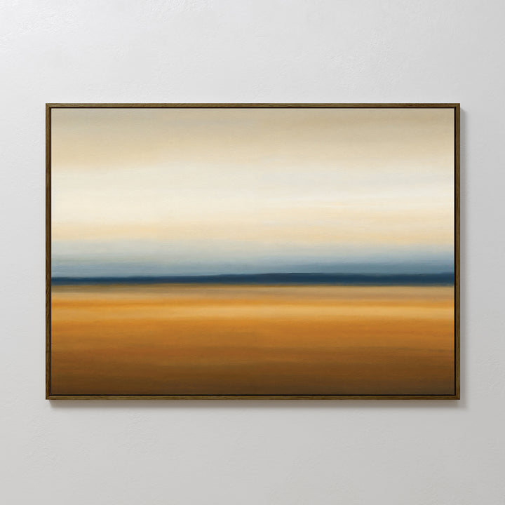 Caramel Plains Canvas Art – Horizontal features abstract bands of warm brown, gold, and deep blue blending into cream and beige, perfect minimalist wall art for modern bedroom decor.