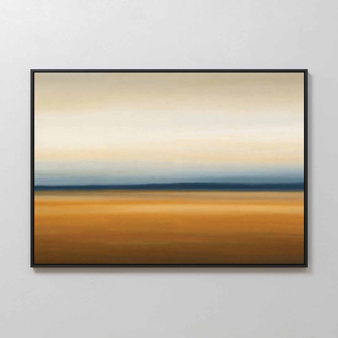 The Caramel Plains Canvas Art – Horizontal features warm brown, orange, blue, and beige bands with a soft, sunset-like look—ideal minimalist wall art to elevate your modern bedroom decor.