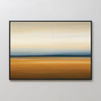 The Caramel Plains Canvas Art – Horizontal features warm brown, orange, blue, and beige bands with a soft, sunset-like look—ideal minimalist wall art to elevate your modern bedroom decor.