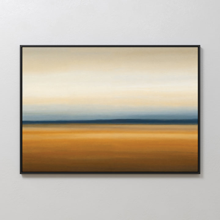 The Caramel Plains Canvas Art – Horizontal features warm brown, orange, blue, and beige bands with a soft, sunset-like look—ideal minimalist wall art to elevate your modern bedroom decor.
