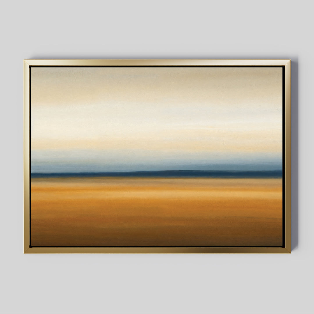 The Caramel Plains Canvas Art – Horizontal features abstract bands of soft brown, gold, blue, and cream in a gold frame. This serene wall art is perfect for modern bedrooms and looks stunning against a plain gray background.