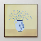 The Cerulean Petals Canvas Art features a vase with delicate blue petals and thin stems on a soft yellow background—ideal for minimalist wall decor.