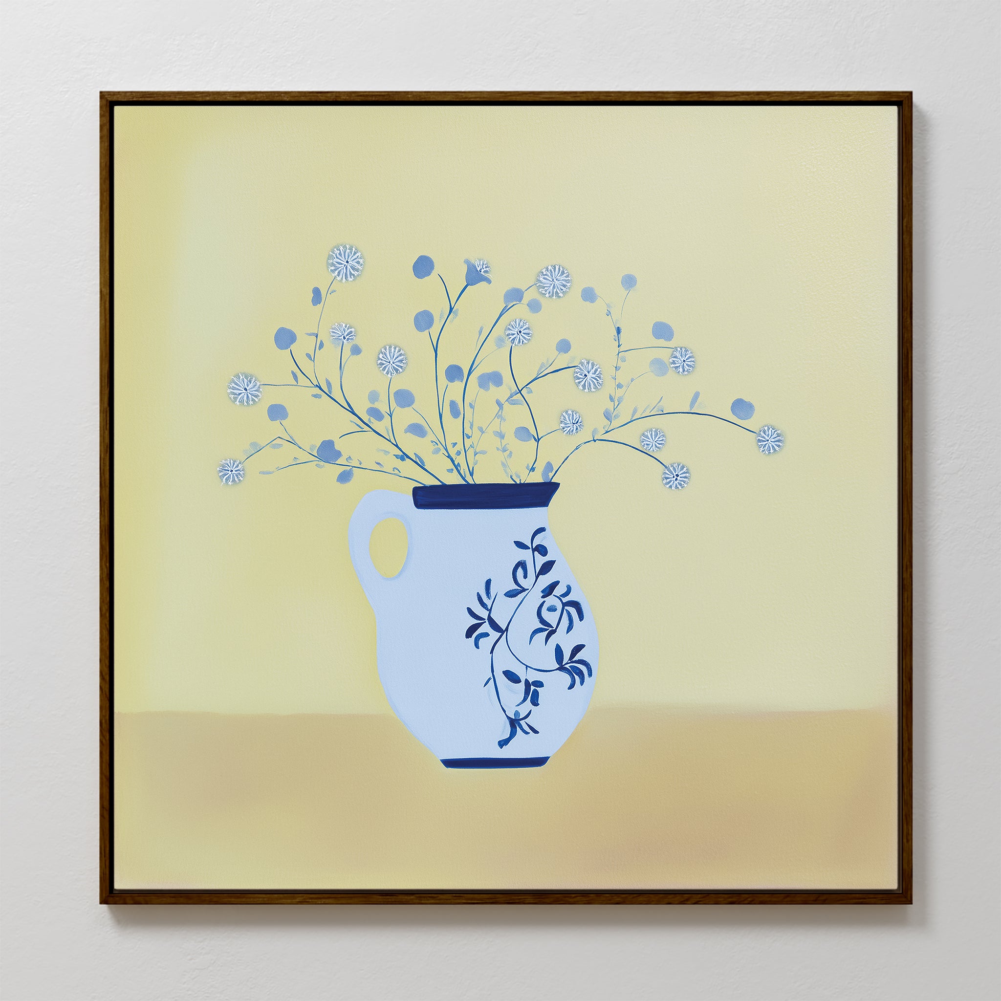 The Cerulean Petals Canvas Art features a vase with delicate blue petals and thin stems on a soft yellow background—ideal for minimalist wall decor.