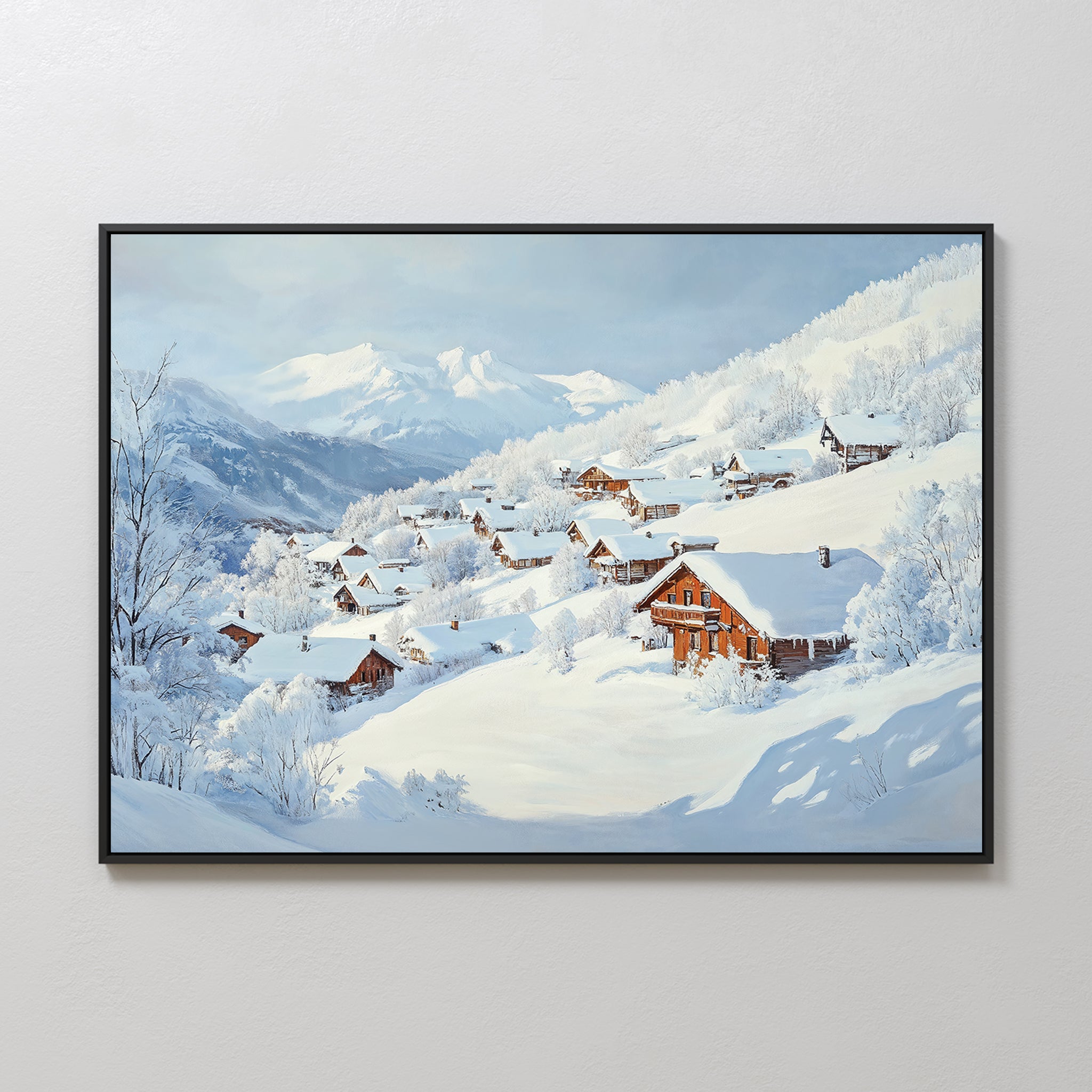 The Chalet View Canvas Art features a snowy mountain village with wooden cabins and snow-covered roofs under a pale blue sky, making it the perfect minimalist wall art decor to add charm to any space.