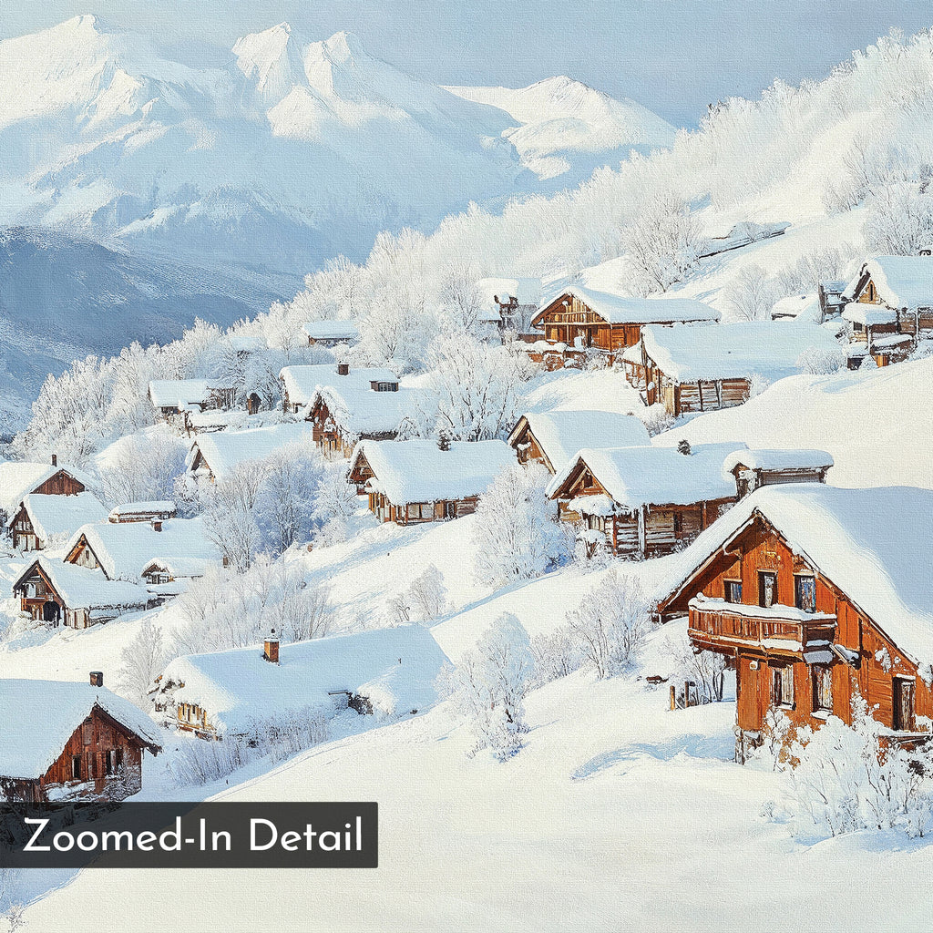 A snowy mountain village with wooden cabins and trees blanketed in snow beneath a pale blue sky, snowcapped peaks behind. "Zoomed-In Detail" appears in the lower left corner. Product: Chalet View Canvas Art.
