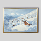 Chalet View Canvas Art features a snowy mountain village with wooden houses, white hills, snow-covered trees, and distant mountains under a pale sky—ideal minimalist wall art for winter-themed decor.