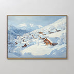 Chalet View Canvas Art depicts wooden cabins nestled in snowy hills and trees, with mountains beneath a pale blue sky—ideal minimalist wall decor for any space.