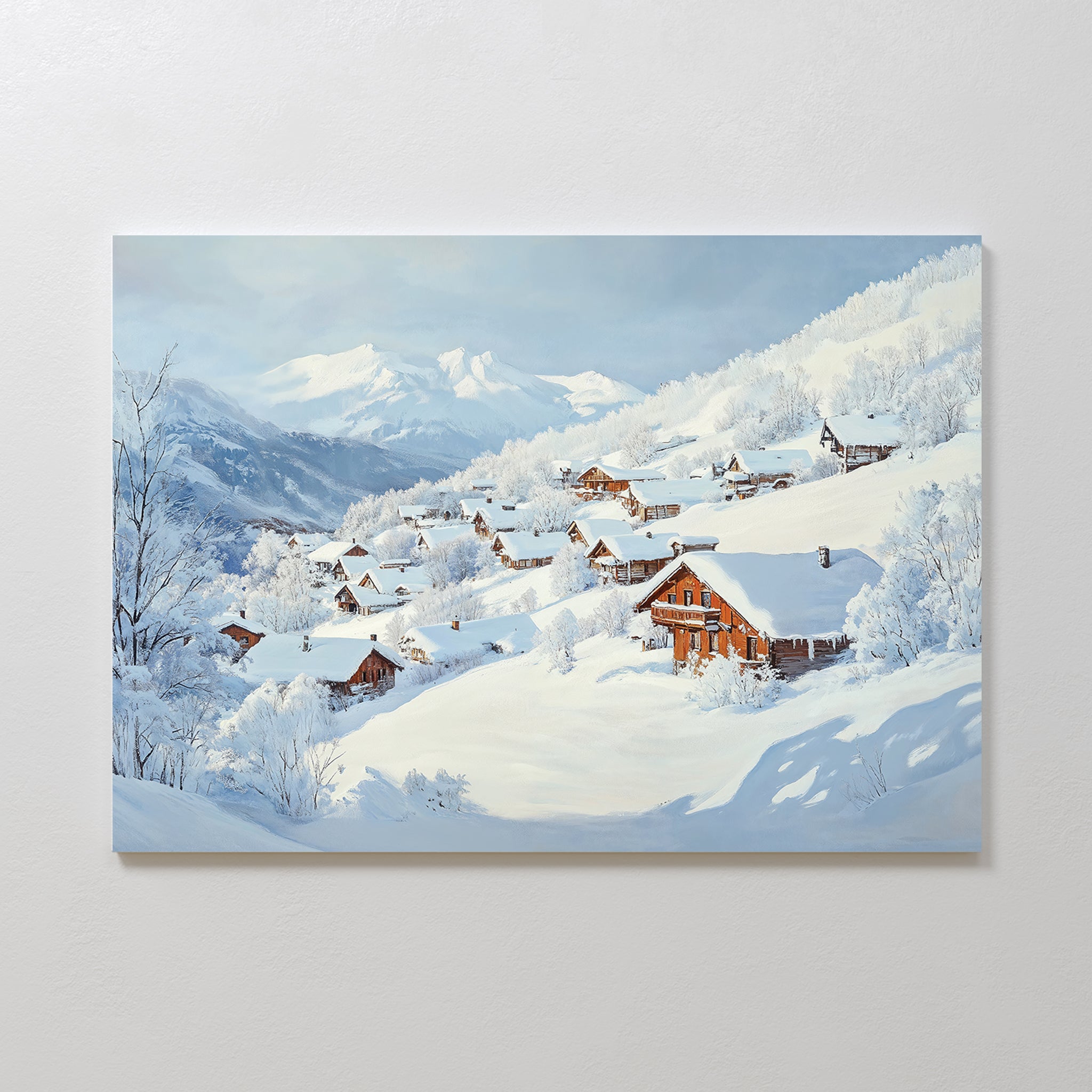 Chalet View Canvas Art captures a tranquil winter village in the mountains, with wooden homes and frosted trees beneath a pale blue sky—ideal as large wall décor for your home.