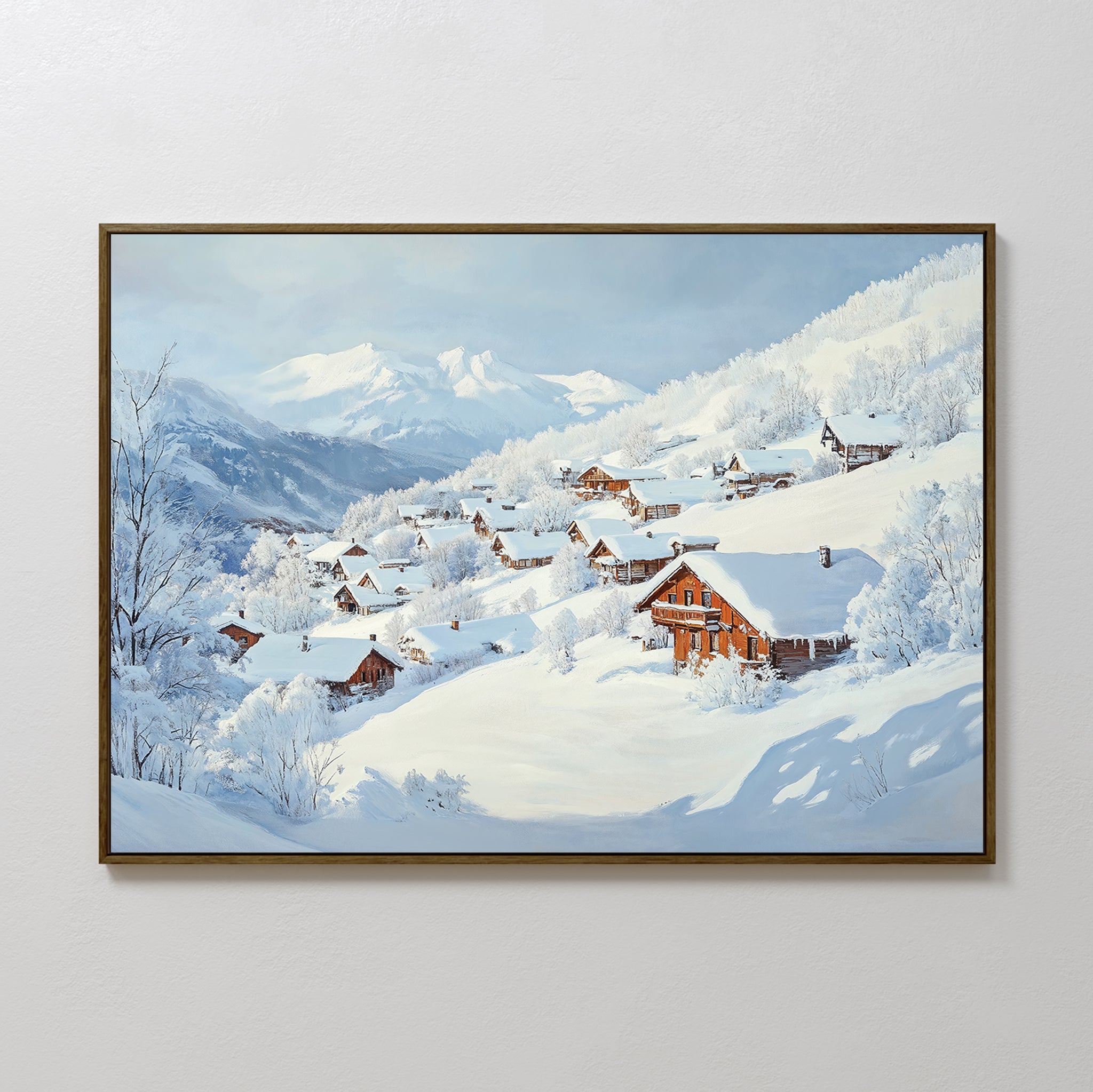 Chalet View Canvas Art features a snowy winter village with cozy wooden houses and snow-covered trees—perfect minimalist wall art decor to add charm to any room.
