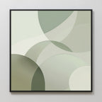Circular Quiet Abstract Canvas Art features overlapping translucent circles and curves in soft green, gray, and white tones, framed in black for a modern or Nordic Park aesthetic. Ideal for contemporary wall art lovers.