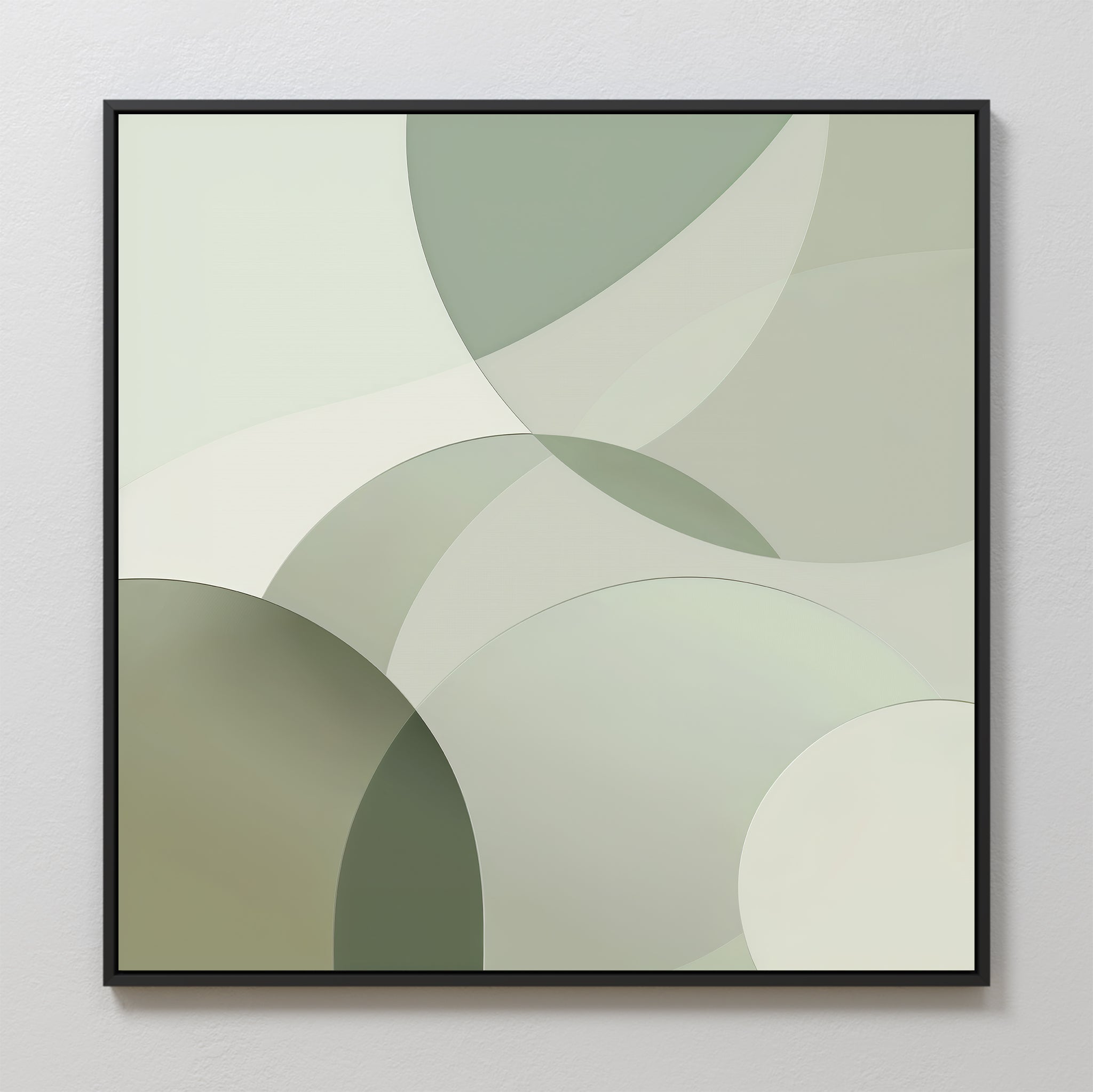 Circular Quiet Abstract Canvas Art features overlapping translucent circles and curves in soft green, gray, and white tones, framed in black for a modern or Nordic Park aesthetic. Ideal for contemporary wall art lovers.