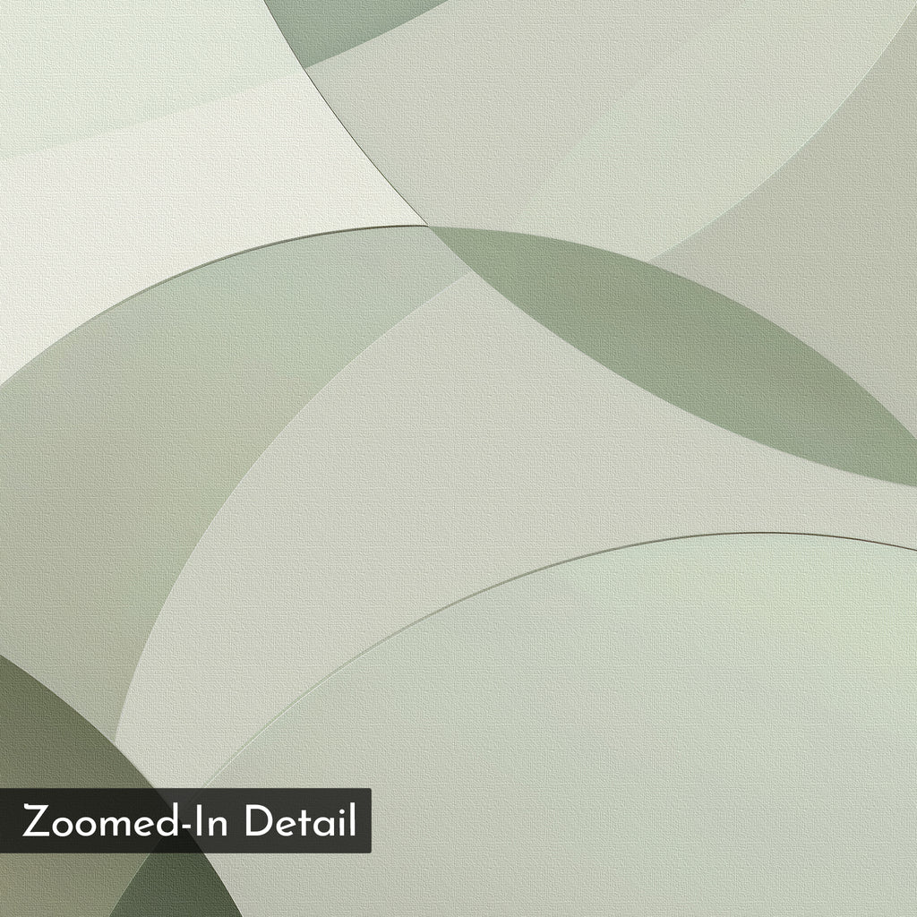 Circular Quiet Abstract Canvas Art features overlapping curved shapes in soft green and gray tones on canvas, creating a minimalist geometric design. A "Zoomed-In Detail" label appears in the bottom left corner.