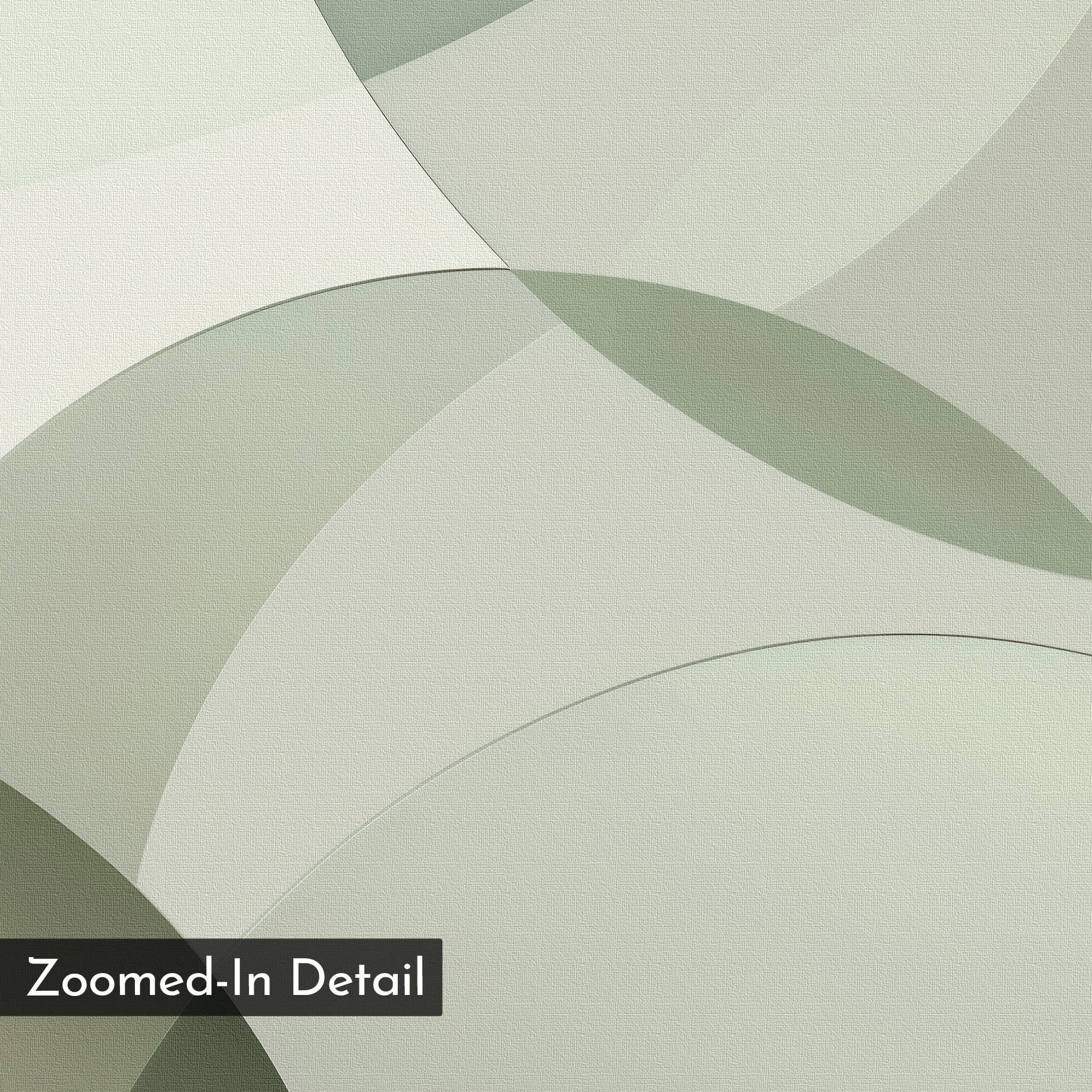 Circular Quiet Abstract Canvas Art features overlapping curved shapes in soft green and gray tones on canvas, creating a minimalist geometric design. A "Zoomed-In Detail" label appears in the bottom left corner.