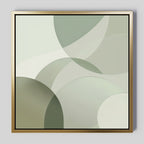 Circular Quiet Abstract Canvas Art features overlapping curved shapes in green and beige tones, set within a gold and black frame on a light gray background—an elegant, minimalist wall decor inspired by Nordic Park aesthetics.