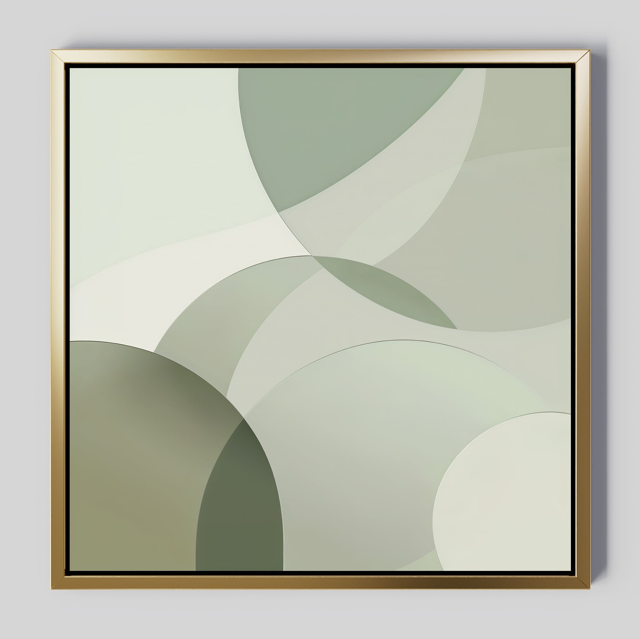 Circular Quiet Abstract Canvas Art features overlapping curved shapes in green and beige tones, set within a gold and black frame on a light gray background—an elegant, minimalist wall decor inspired by Nordic Park aesthetics.