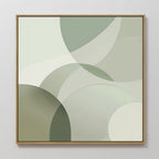 Circular Quiet Abstract Canvas Art features overlapping translucent circles and curves in soft green, cream, and gray on a light background. This minimalist framed wall art adds a modern Nordic Park-inspired touch to any space.