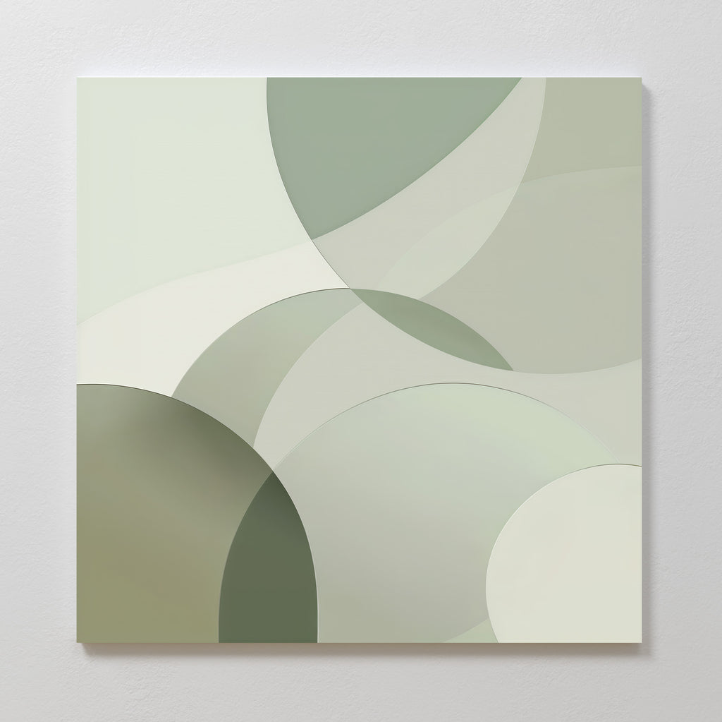 Circular Quiet Abstract Canvas Art showcases overlapping translucent circles and curves in muted green, gray, and cream on a square canvas, creating a soft geometric pattern—perfect minimalist wall art for any room.