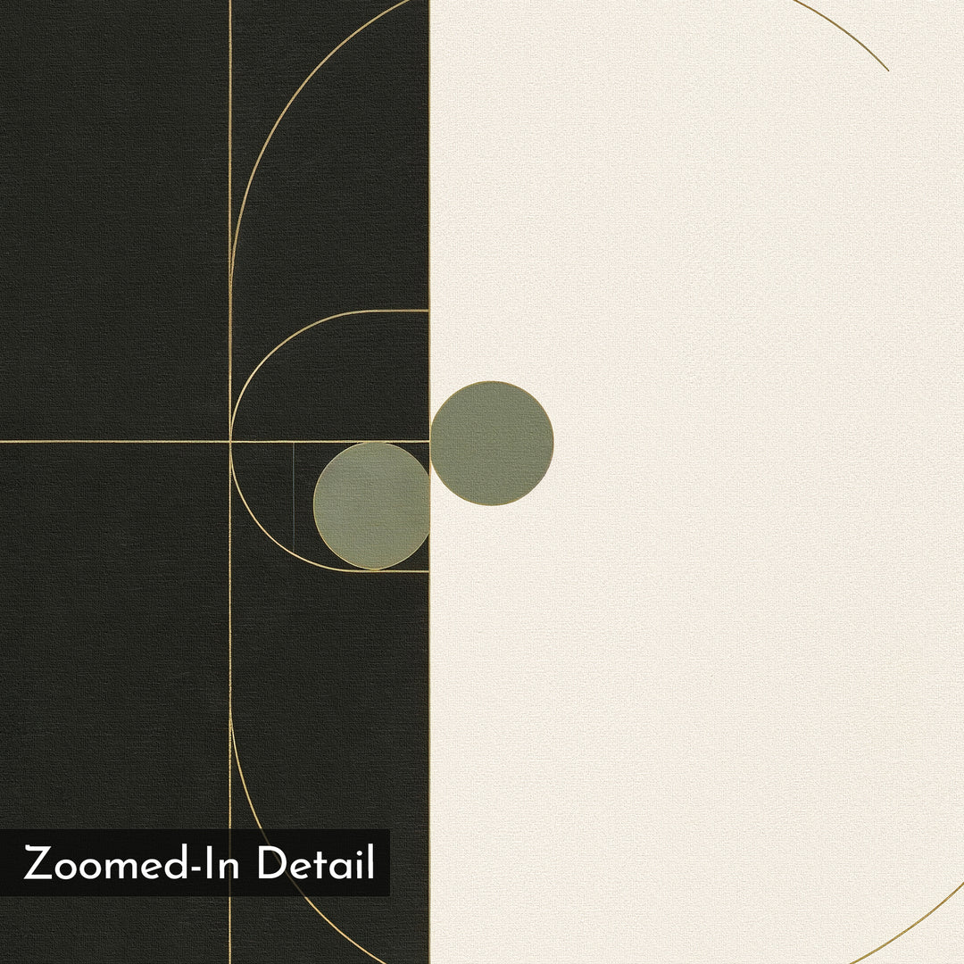 Circular Tension Canvas Art showcases intersecting gold lines and circles on a black and white background, with two olive green circles overlapping at the center. "Zoomed-In Detail" appears in the bottom left corner.