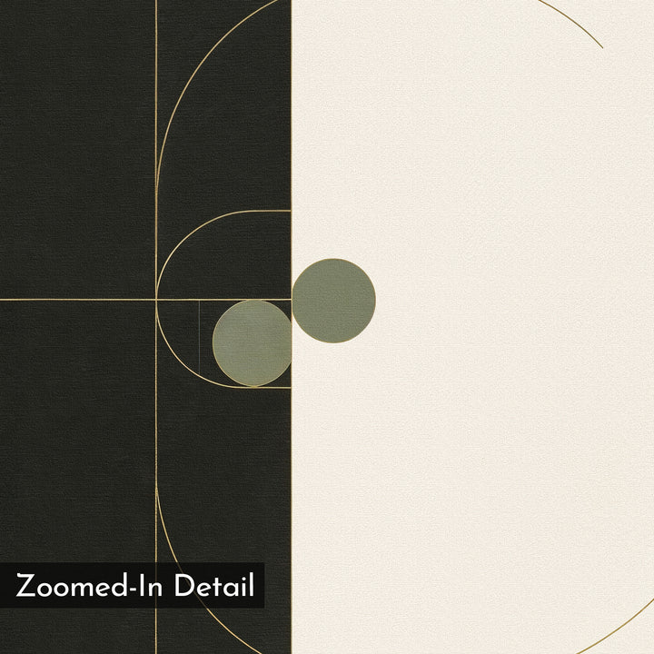 Circular Tension Canvas Art showcases intersecting gold lines and circles on a black and white background, with two olive green circles overlapping at the center. "Zoomed-In Detail" appears in the bottom left corner.