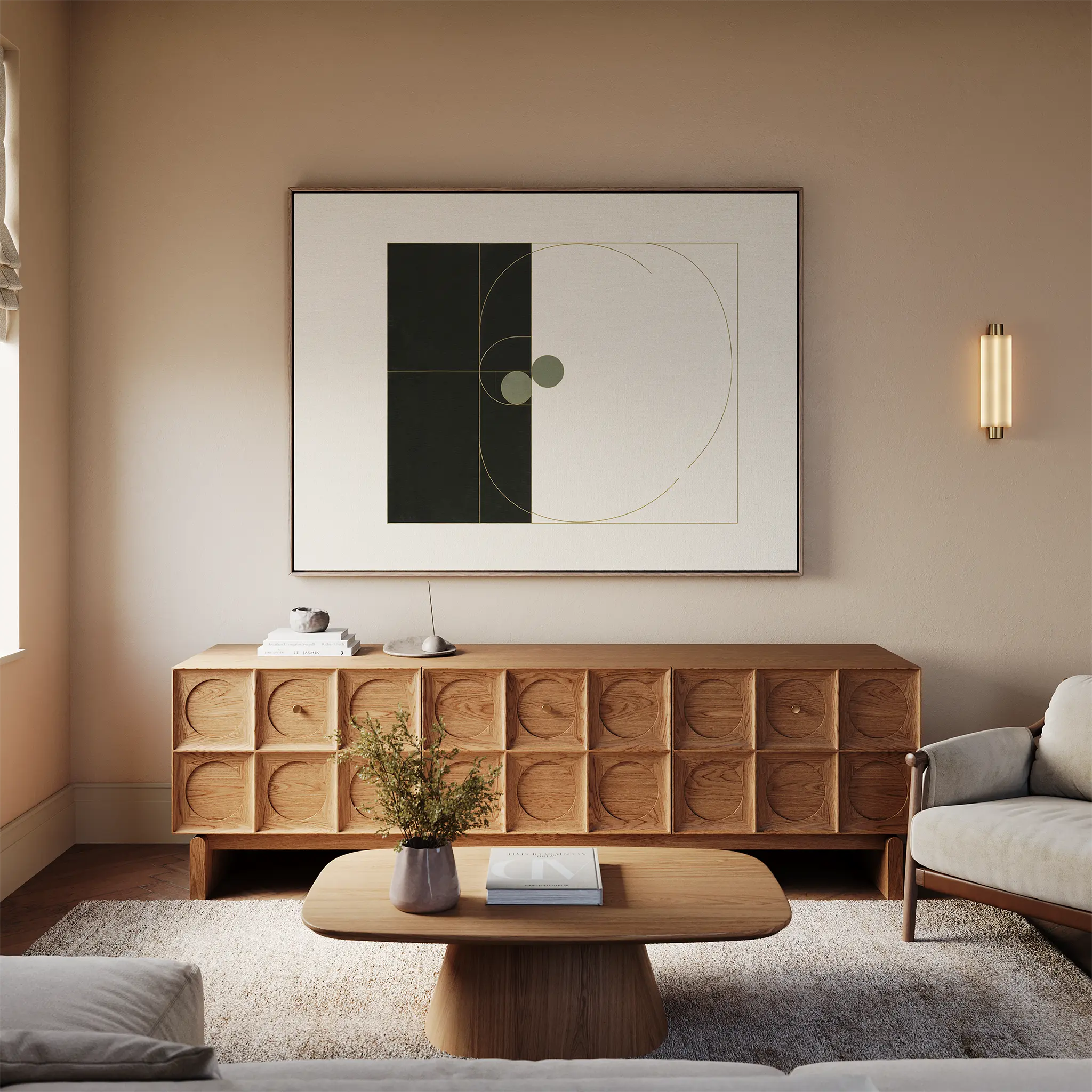 A modern living room with beige walls, a wooden sideboard, a plush rug, a lighted wall sconce, a coffee table with flowers, and the Circular Tension Canvas Art as minimalist decor creates warm, cozy modern living room style.