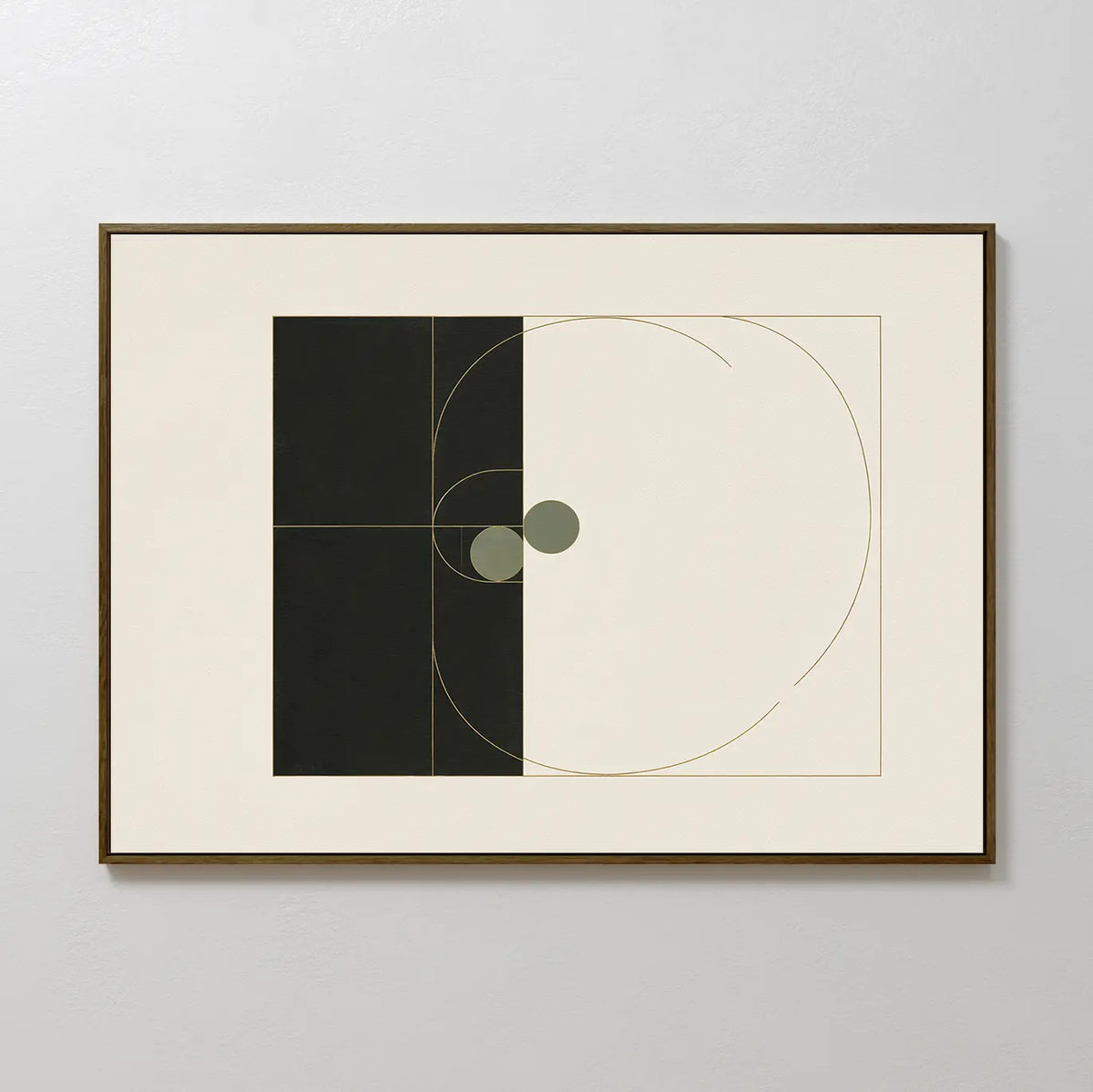 Circular Tension Canvas Art features black and white rectangles, green overlapping circles, and gold curved lines on a neutral background. This minimalist, framed wall art is perfect for adding a modern touch to your living room decor.