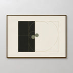 Circular Tension Canvas Art features black and white rectangles, green overlapping circles, and gold curved lines on a neutral background. This minimalist, framed wall art is perfect for adding a modern touch to your living room decor.