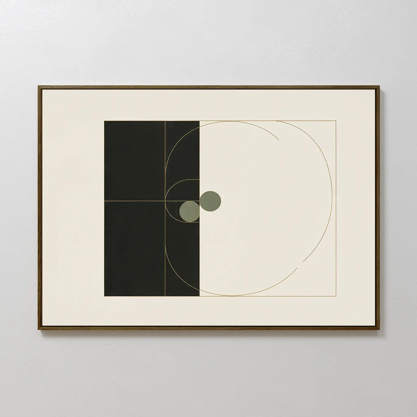Circular Tension Canvas Art features black and white rectangles, green overlapping circles, and gold curved lines on a neutral background. This minimalist, framed wall art is perfect for adding a modern touch to your living room decor.