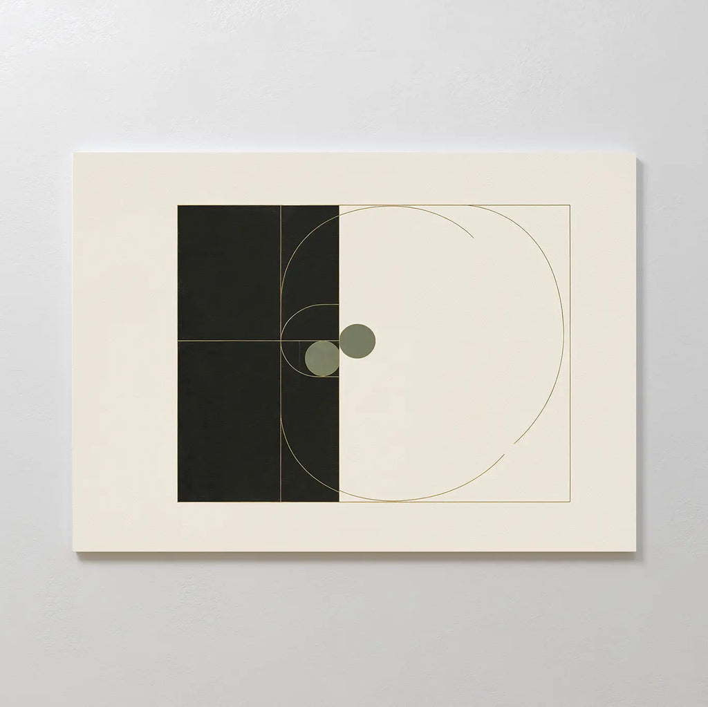 Circular Tension Canvas Art features a balanced design of black and white rectangles, geometric circles and squares, and fine gold lines on a cream background—perfect minimalist wall art for modern living room decor.