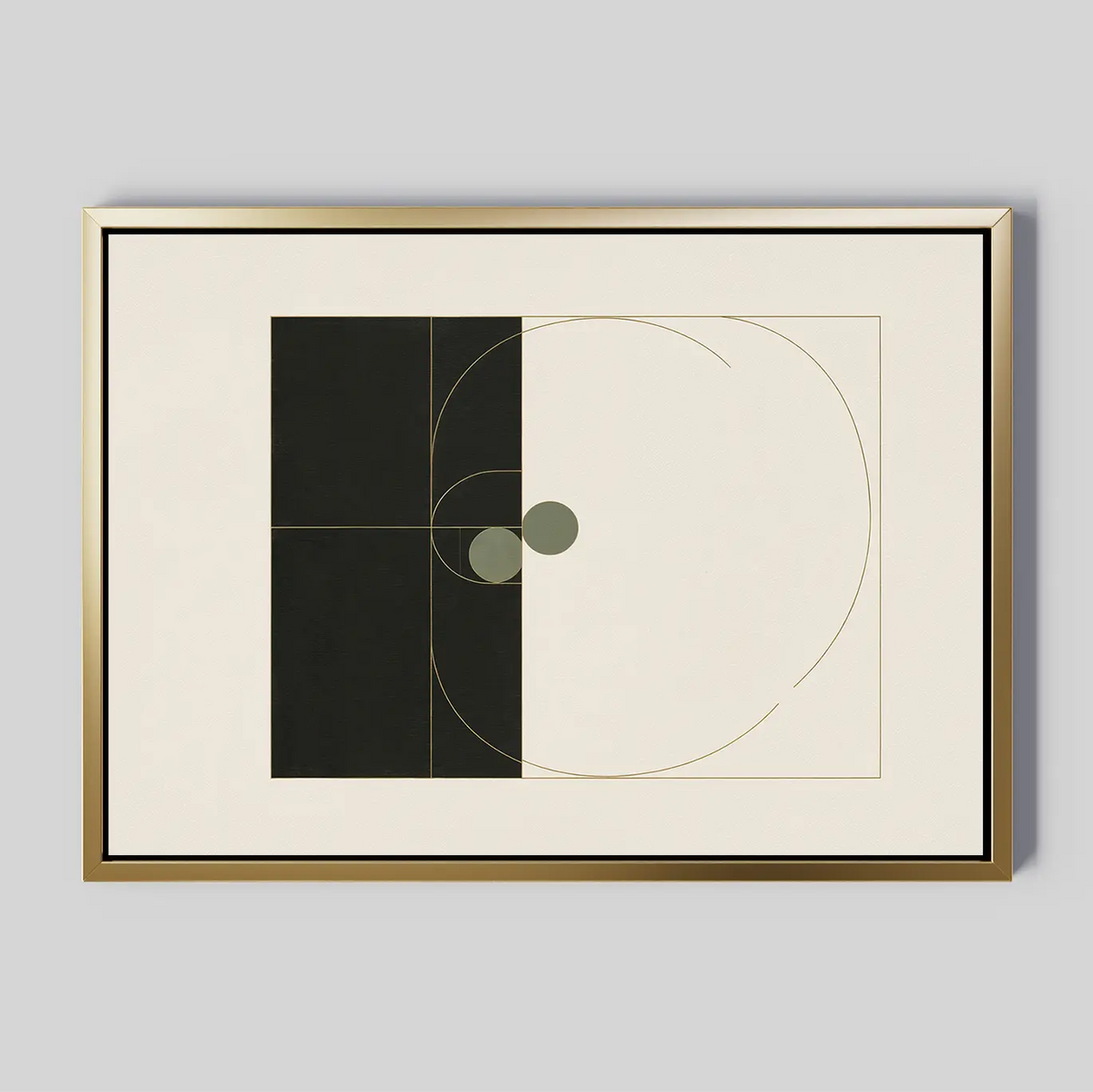 Enhance your modern living room with Circular Tension Canvas Art: minimalist wall decor featuring geometric shapes, intersecting lines, gold-framed green circles, and a gray background.