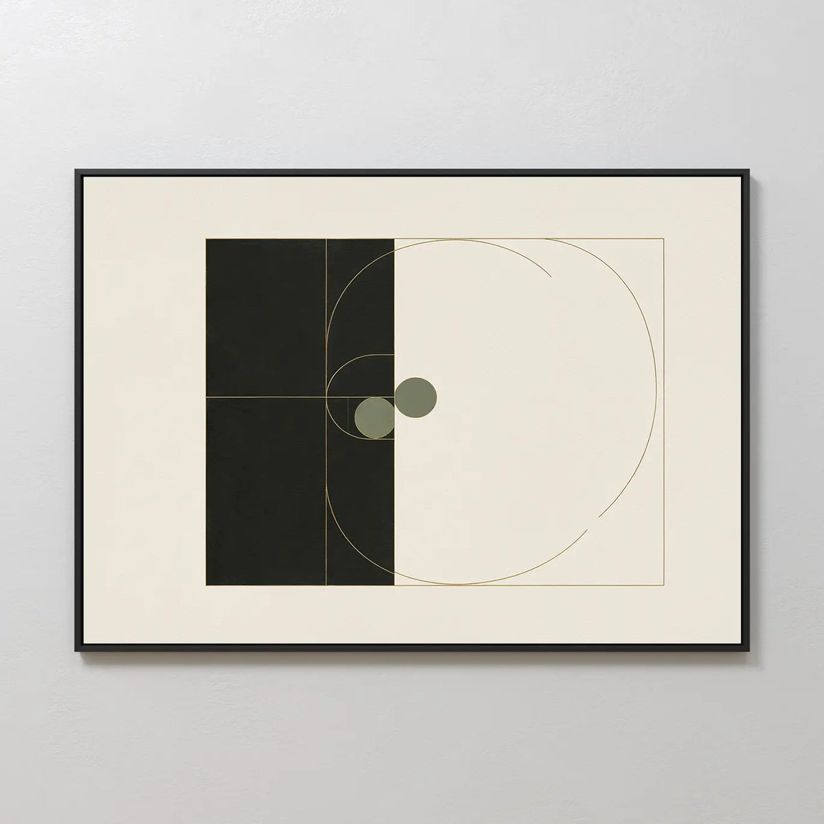 The Circular Tension Canvas Art features geometric shapes—black rectangles, gold lines, and overlapping circles—framed in black and displayed on a light wall, making it perfect minimalist decor for any modern living room.
