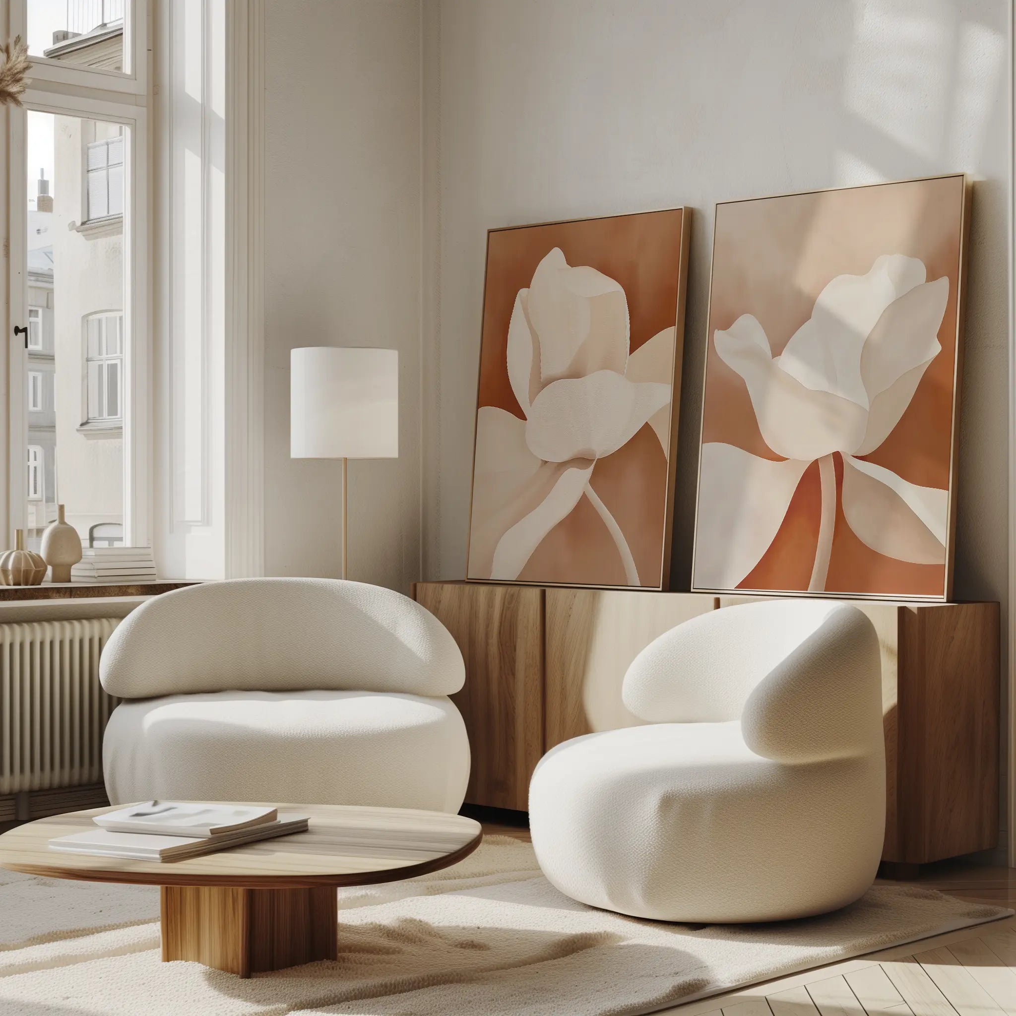 A modern living room with the Clay Blossom Set of 2 rounded white armchairs, a low wooden coffee table, and neutral-toned floral wall art on a wooden sideboard, bathed in sunlight from tall windows.