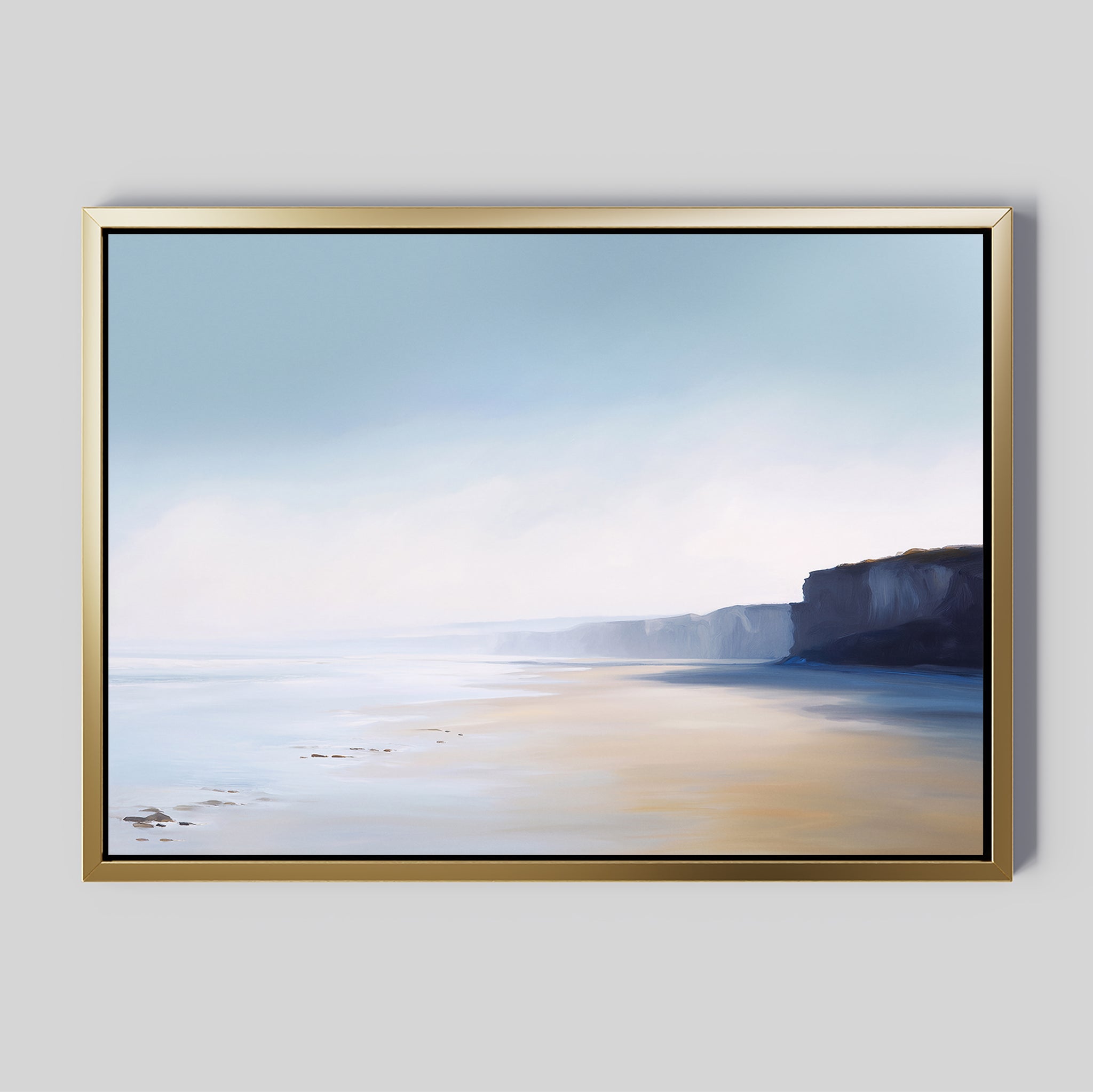 Cliffside Light Canvas Art – Horizontal features soft waves, a misty sky, and distant cliffs. In light blue, beige, and white tones with faint sand footprints, it creates a calm atmosphere—perfect minimalist wall art or bedroom decor.