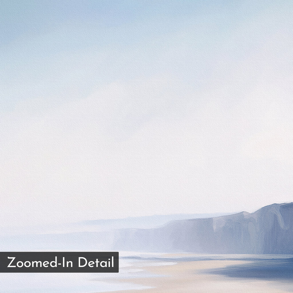 Cliffside Light Canvas Art: A soft, pastel painting of misty cliffs and a sandy shore—perfect minimalist wall decor. "Zoomed-In Detail" is shown in a black box at the lower left corner.