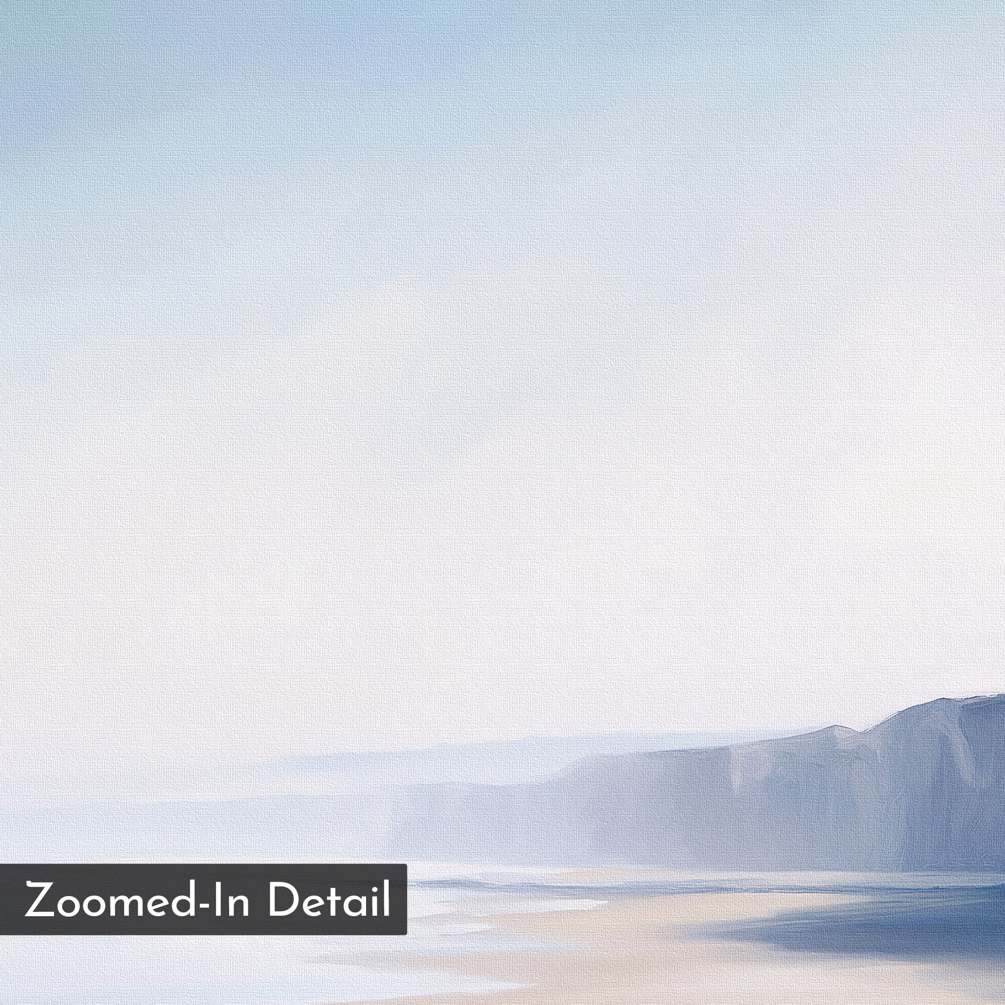 Cliffside Light Canvas Art: A soft, pastel painting of misty cliffs and a sandy shore—perfect minimalist wall decor. "Zoomed-In Detail" is shown in a black box at the lower left corner.