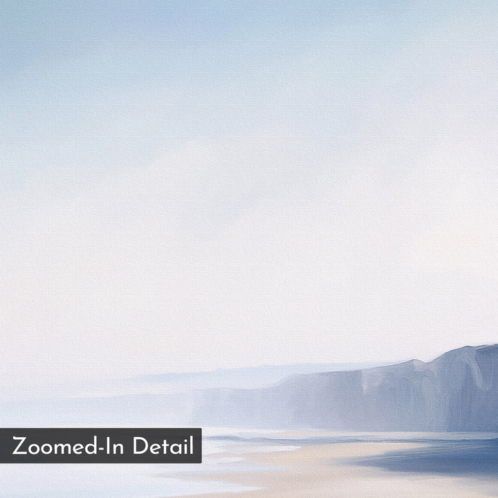 Cliffside Light Canvas Art: A soft, pastel painting of misty cliffs and a sandy shore—perfect minimalist wall decor. "Zoomed-In Detail" is shown in a black box at the lower left corner.