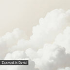 A zoomed-in view of fluffy white clouds against a light beige sky with a subtle canvas texture. "Cloud Reverie Canvas Art" makes calming home decor, labeled "Zoomed-In Detail" in the bottom left corner.