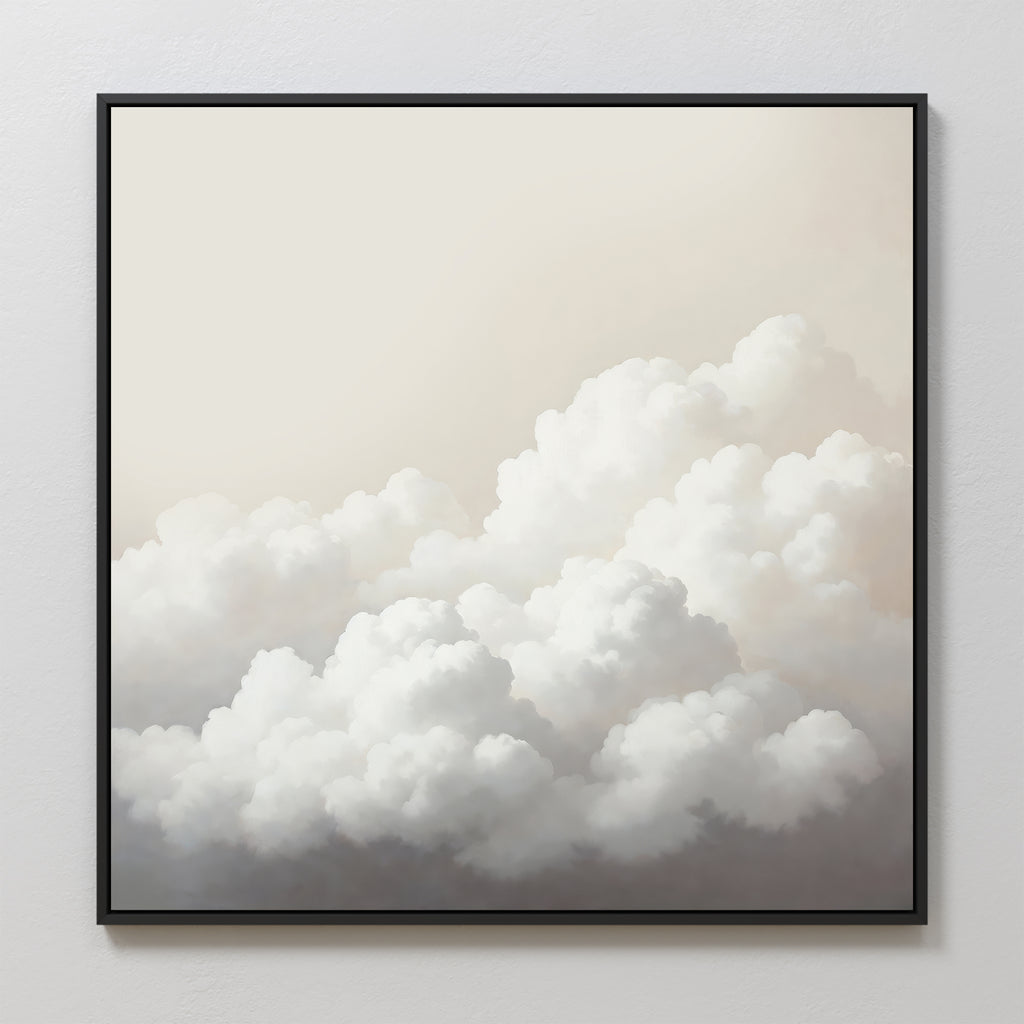 Cloud Reverie Canvas Art, featuring fluffy white clouds against a soft sky, hangs on a light wall. Its realistic textures create a calm, serene atmosphere, making it ideal as calming bedroom decor.