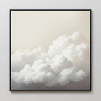 Cloud Reverie Canvas Art, featuring fluffy white clouds against a soft sky, hangs on a light wall. Its realistic textures create a calm, serene atmosphere, making it ideal as calming bedroom decor.