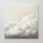 Cloud Reverie Canvas Art, featuring fluffy white clouds against a soft beige sky, hangs on a plain white wall. Its smooth forms and gentle shading make it ideal as calming bedroom decor.