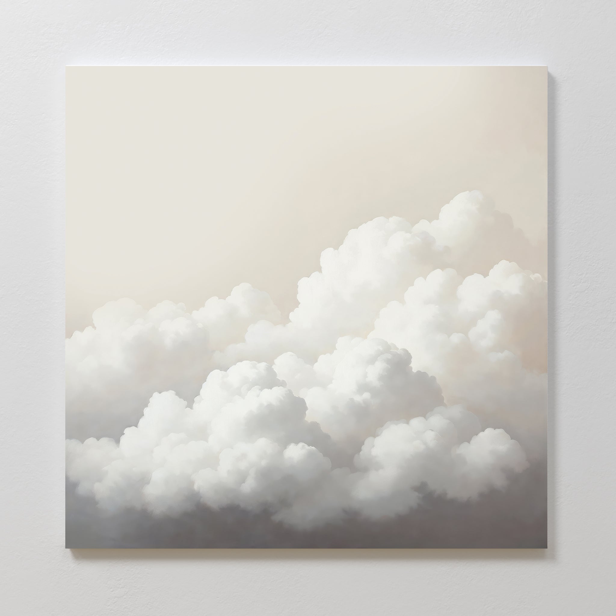 Cloud Reverie Canvas Art, featuring fluffy white clouds against a soft beige sky, hangs on a plain white wall. Its smooth forms and gentle shading make it ideal as calming bedroom decor.