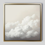 The Cloud Reverie Canvas Art features fluffy white clouds on a soft sky with a light gray background, set in a gold frame with a black inner border—perfect for calming bedroom decor or minimalist wall art.