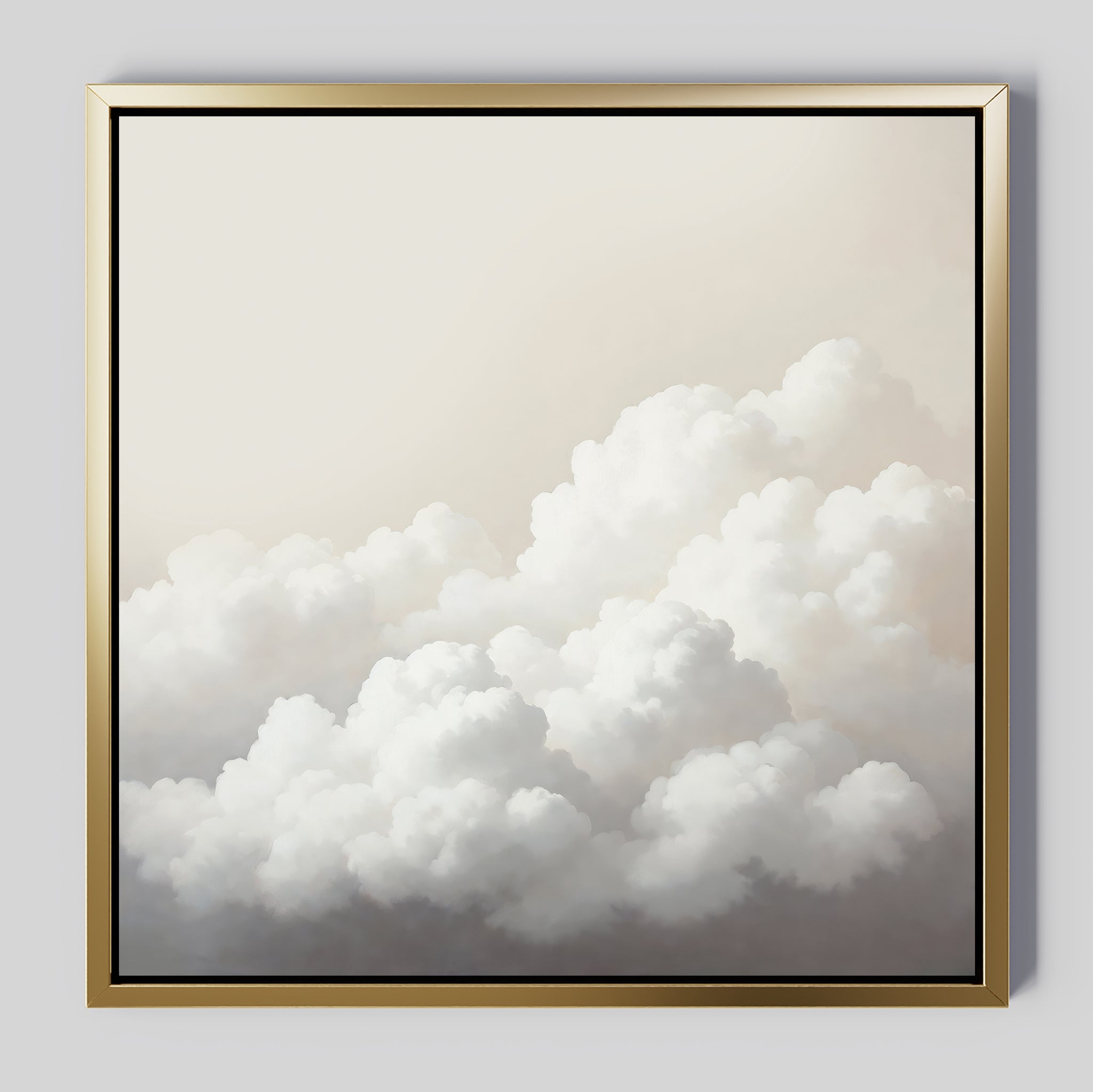 The Cloud Reverie Canvas Art features fluffy white clouds on a soft sky with a light gray background, set in a gold frame with a black inner border—perfect for calming bedroom decor or minimalist wall art.