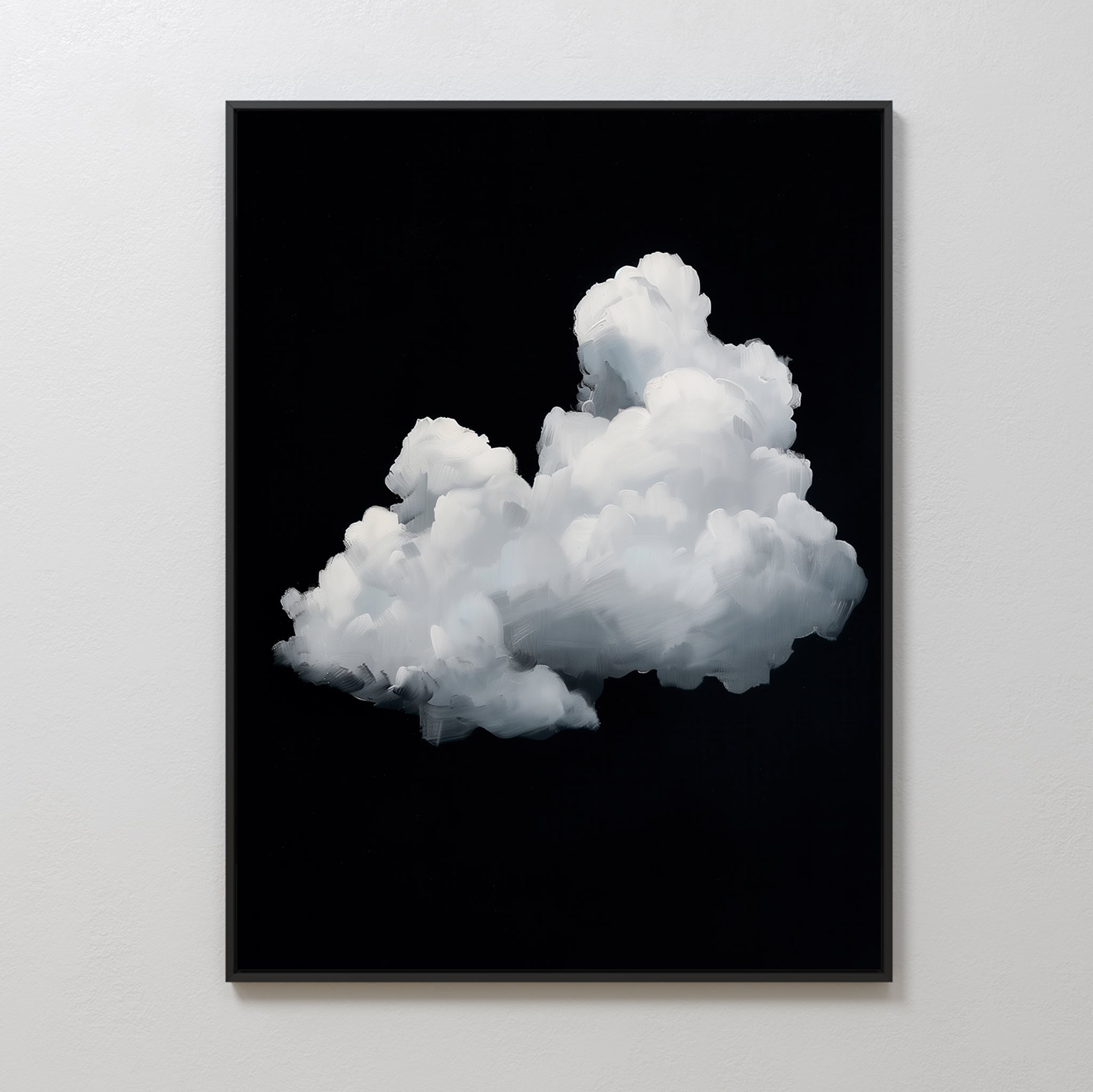 Cloud In Darkness Abstract Canvas Art is a framed painting featuring a fluffy white cloud on a solid black background, offering minimalist wall art that hangs elegantly on any wall.