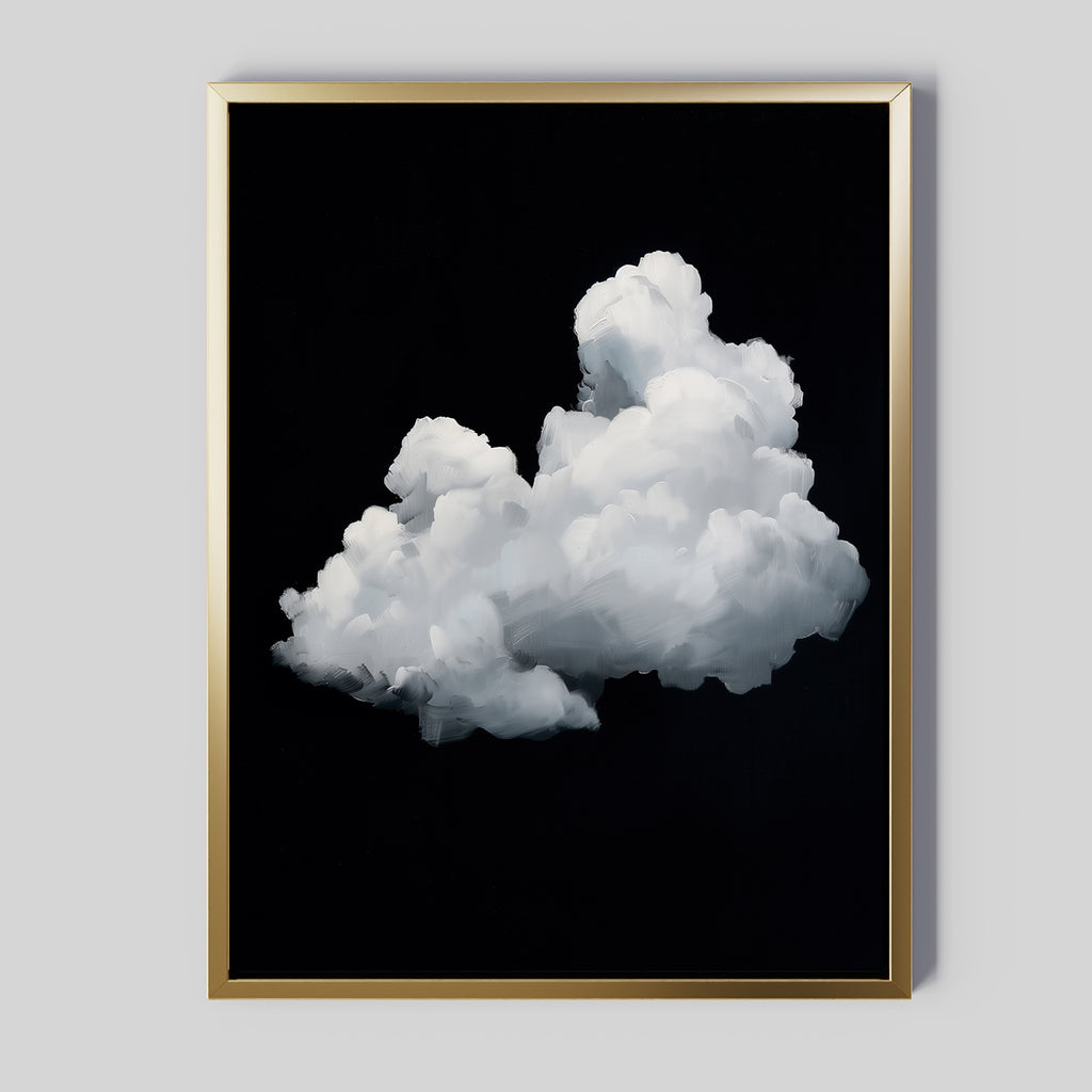 The Cloud In Darkness Abstract Canvas Art features a fluffy white cloud on a solid black background, framed in thin gold and displayed on a plain light gray wall for a minimalist look.